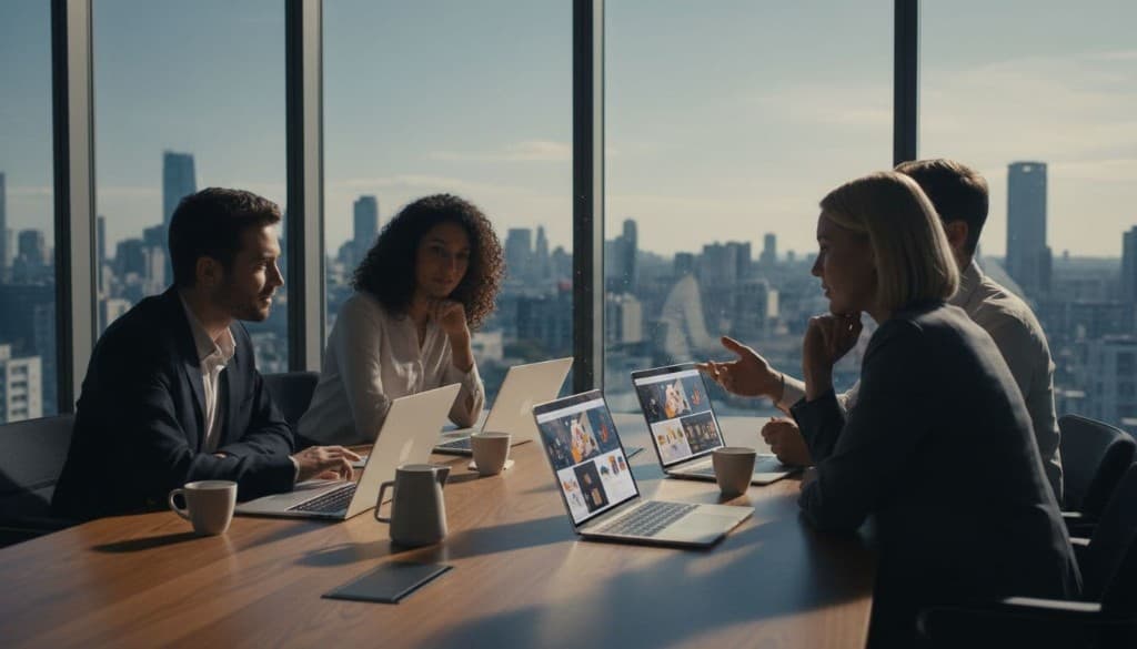 Small diverse team of three brand marketers in a bright modern conference room, gathered around a table with laptops open to AI storyboard previews, one gesturing at screen, coffee cups nearby, city skyline through window.