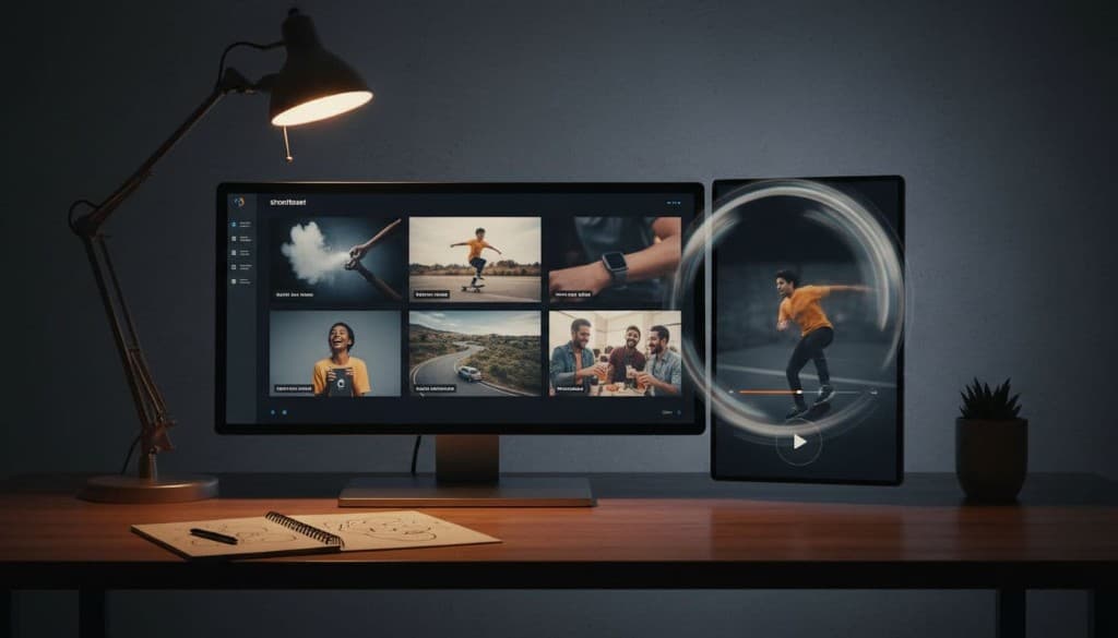 Digital storyboard interface on a large monitor with six panels of brand video scenes transitions via blur effect to video playback on an adjacent smaller screen, set on a clean creative agency desk with notebook, plant, and dramatic desk lamp lighting.