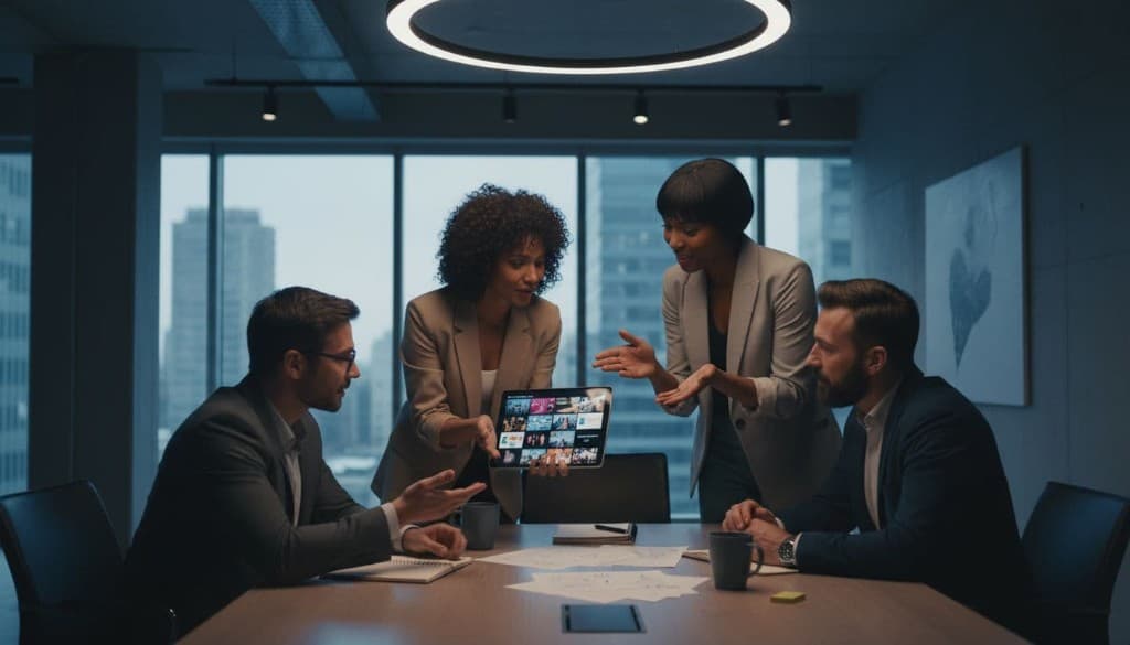 A group of four diverse professionals—two women and two men—in a modern agency meeting room, reviewing AI-generated short-form video variants on a central tablet while leaning in to discuss around a conference table with notes. Relaxed natural poses in cinematic style with strong contrast, depth, and dramatic overhead lighting.